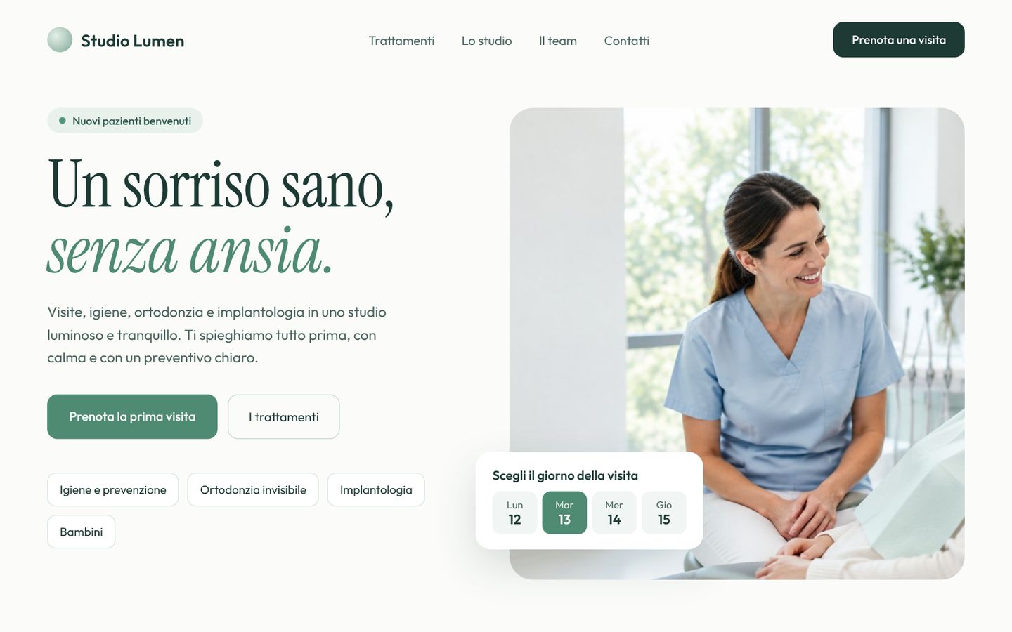 Il sito nuovo dello stesso studio: foto rassicurante della dottoressa con la paziente e scelta del giorno per la visita