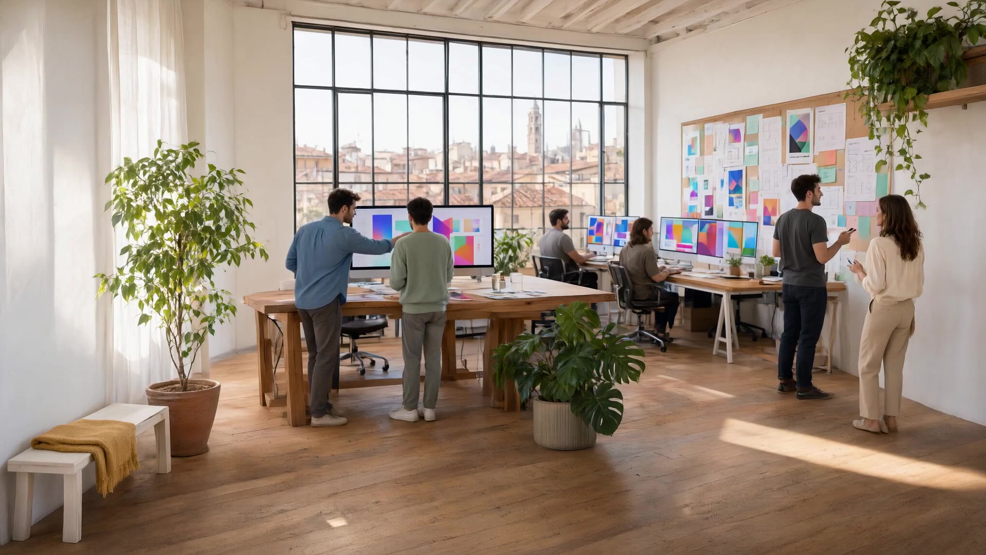 Uno studio luminoso con persone al lavoro su progetti di siti internet